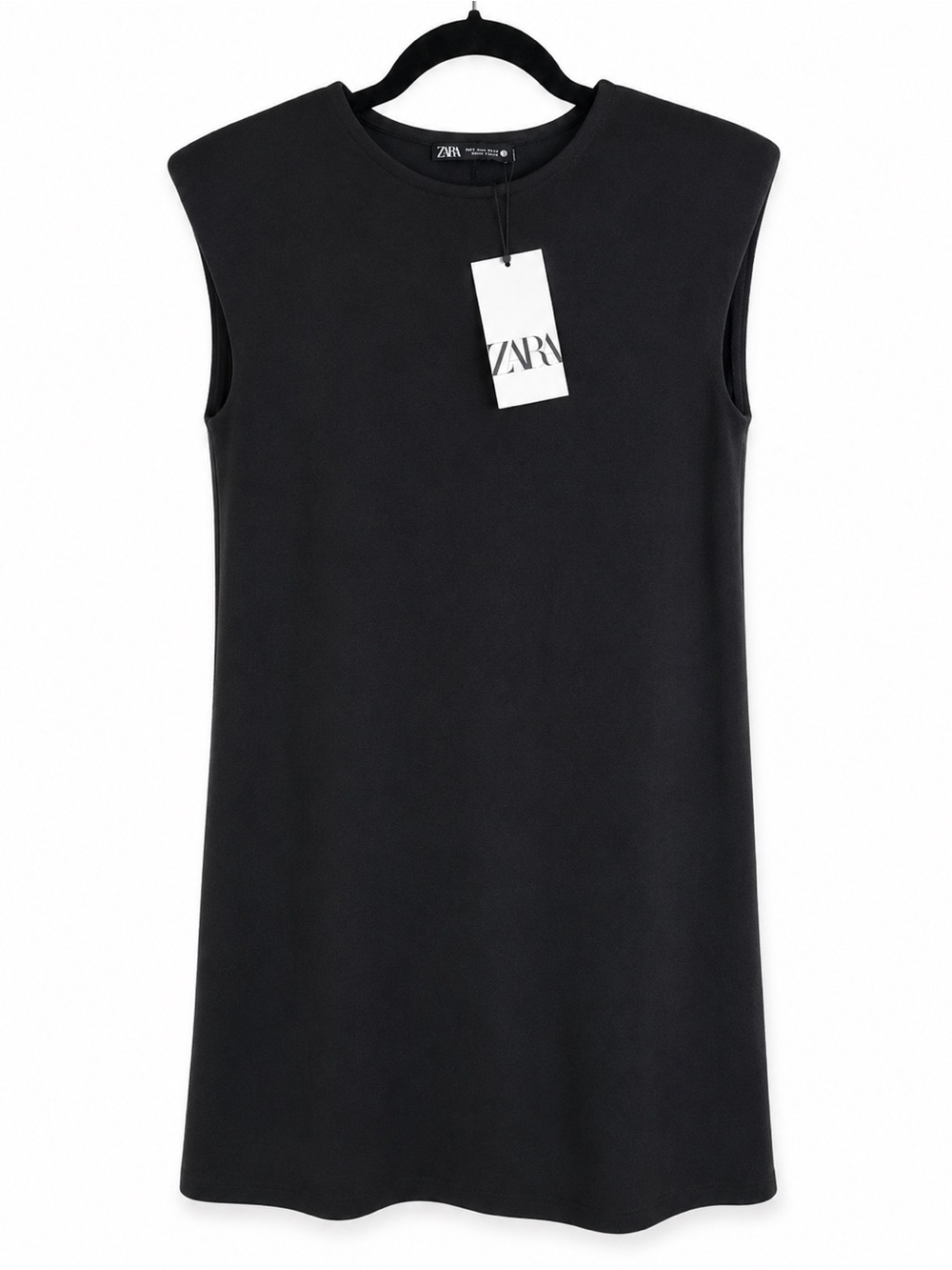 ZARA Black Sleeveless Shift Dress Padded Shoulder Crew Neck Size S
